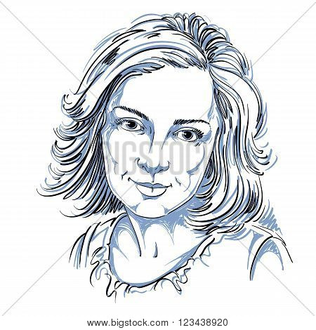 Graphic Vector Hand-drawn Illustration Of White Skin Attractive Melancholic Lady With Stylish Haircu