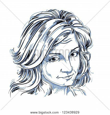Artistic Hand-drawn Vector Image, Black And White Portrait Of Delicate Naïve Blameworthy Girl. Emoti