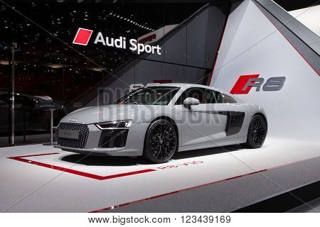 GENEVA, SWITZERLAND - MARCH 1: Geneva Motor Show on March 1, 2016 in Geneva, Audi R8 V10, front-side view