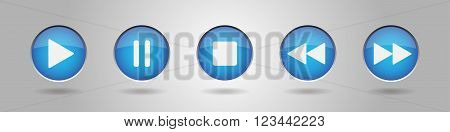 blue metal button with white music control buttons - icons with shadows