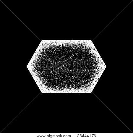 White abstract geometric shape, polygon, hex badge with film grain, noise, dotwork, grunge texture and black background for logo, design concepts, posters, banners, web and prints. Vector illustration