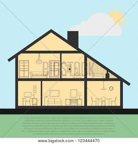 Vector house interior in cut. Detailed plan cross-sectional view room and bath, kitchen. Flat style vector illustration. EPS10