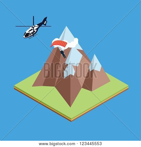 Skydiver jumped from helicopter and gliding above mountains