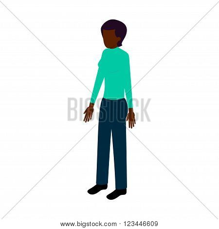 Afro-American woman standing face to us in casual clothes in isometric style. Vector illustration for infographics, games, reports and websites