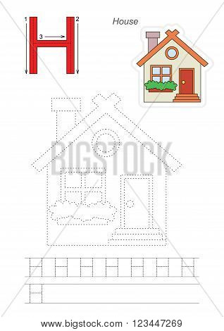 Vector exercise illustrated alphabet. Learn handwriting. Page to be traced. Complete english alphabet. Tracing worksheet for letter H