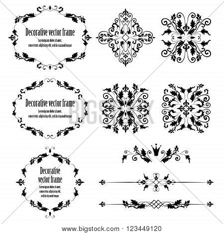 Floral design elements set, ornamental vintage objects, frames and dividers in black color. Vector editable illustration. Isolated on white background. Can use for birthday card, wedding invitations.