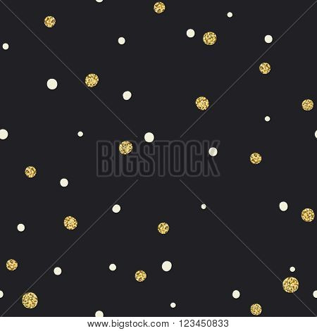 Abstract Seamless Pattern on Black Background with White and Golden Chaotic Dots. 