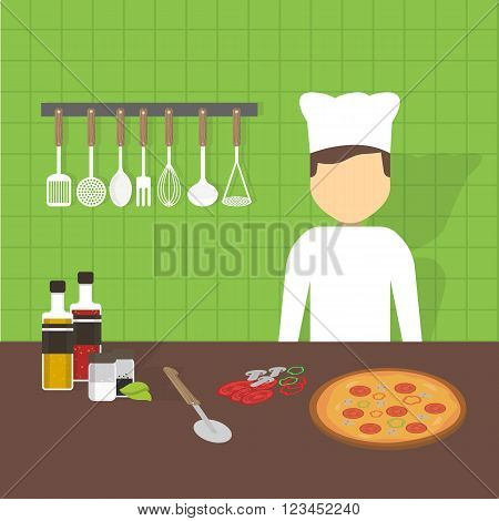 Cook is in the kitchen at his workplace. On the table, ingredients for pizza, and pizza is ready. On a green wall hanging kitchen utensils. Vector illustration in a flat style.