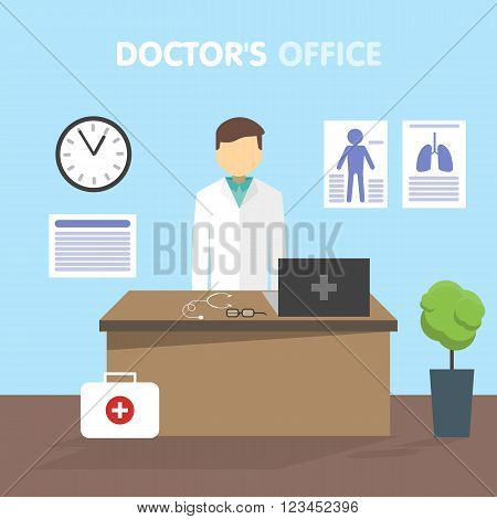 Doctor in his office at his workplace. On the table are tools and laptop. Before the desk first aid kit. On the wall hang conceptual outpatient card. Vector illustration in a flat style.