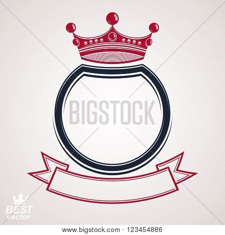 Vector circle with 3d decorative royal crown and festive ribbon luxury coat of arms. Heraldic coronet symbol best for graphic and web design.