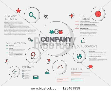Vector Company infographic profile design template with modern hipster thin line icons (red and teal)
