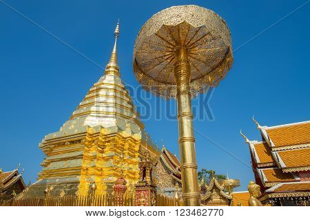 The golden stupa at Wat Phra That Doi Suthep in Chiang Mai. This Buddhist temple founded in 1383 is the most famous in Chiang Mai.