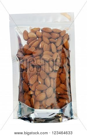 Almond in packaging foil zip lock bag. Isolated on white with clipping paths.