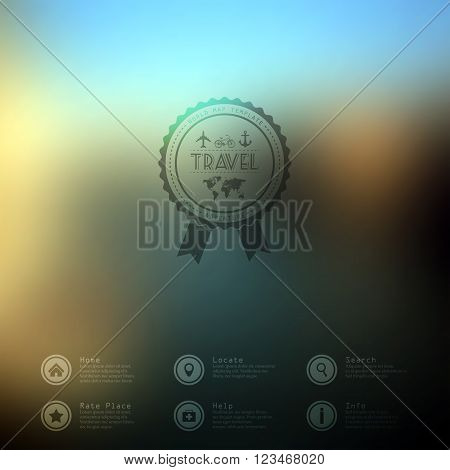 Vector illustration web and mobile phone interface flat template. Travel business corporate website design blur. Minimalistic multifunctional media environment backdrop. Ribbon badge label over sea and beach background. Editable. Blurred. Unfocused. Ocean