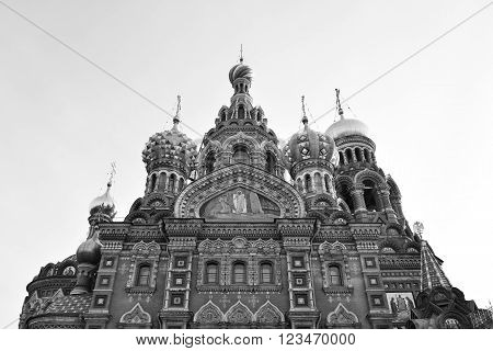 Savior on Spilled Blood Cathedral in St.Petersburg Russia. Black and white.