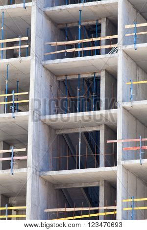 Monolithic frame construction of the building. Solid walls of concrete. Formwork for walls made of concrete. Construction of the building. Masonry walls and aerated concrete masonry walls