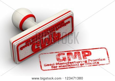 GMP. Good Manufacturing Practice for medicinal products. Red seal and imprint 