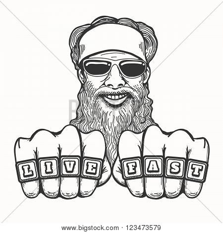 Bearded smiling biker in glasses and bandana holds his fists with club rings Live Fast. Illustration in cartoon style.