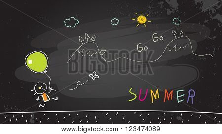 Summer vacation for kids at school. Girl running in nature. Chalk on blackboard sketch, vector illustration doodle. 
