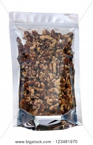 Walnuts in packaging foil zip lock bag. Isolated on white with clipping paths.