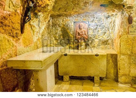 BETHLEHEM PALESTINE - FEBRUARY 18 2016: The bass-relief of St. Jerome in the cave under the Church of the Nativity on February 18 in Bethlehem.