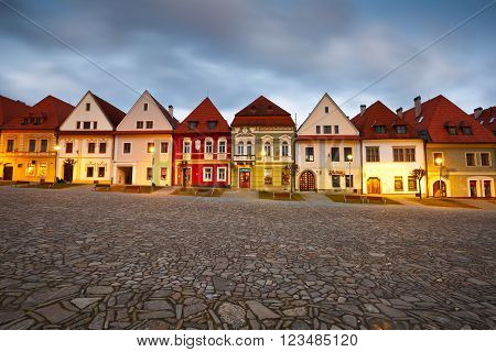 BARDEJOV, SLOVAKIA - MARCH 19, 2016: Town houses in the main square of UNESCO listed medieval town of Bardejov in eastern Slovakia, on March 19, 2016.