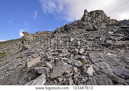 Scree Slope on Rock Outcrop in Denali National Park in Alaska