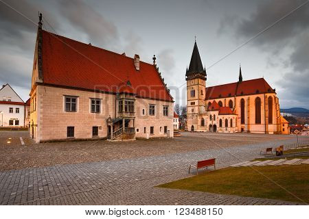 BARDEJOV, SLOVAKIA - MARCH 19, 2016: City hall in the main square of UNESCO listed medieval town of Bardejov in eastern Slovakia, on March 19, 2016.