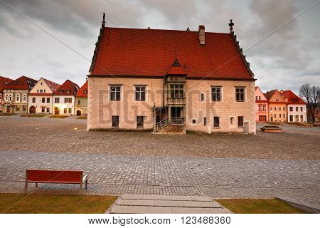 BARDEJOV, SLOVAKIA - MARCH 19, 2016: City hall in the main square of UNESCO listed medieval town of Bardejov in eastern Slovakia, on March 19, 2016.