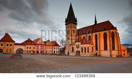 BARDEJOV, SLOVAKIA - MARCH 19, 2016: Basilica in the main square of UNESCO listed medieval town of Bardejov in eastern Slovakia, on March 19, 2016.