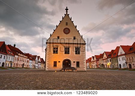 BARDEJOV, SLOVAKIA - MARCH 19, 2016: City hall in the main square of UNESCO listed medieval town of Bardejov in eastern Slovakia, on March 19, 2016.