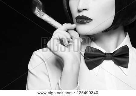 Gangster woman with cigar closeup black and white