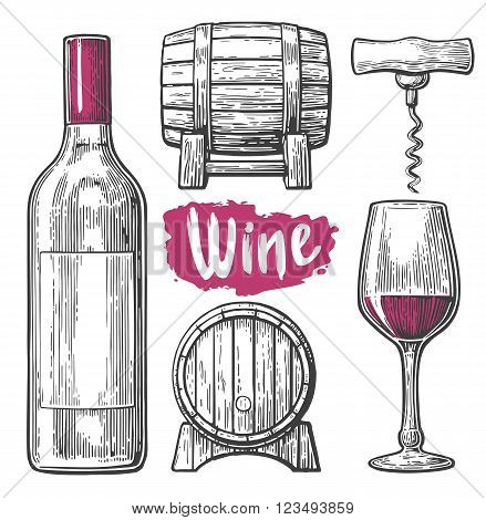 Wine set. Bottle glass corkscrew barrel. Black vintage engraved vector illustration isolated on white background. For label poster web.