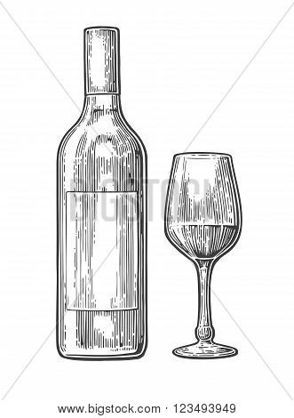 Bottle and glass with wine. Black vintage engraved vector illustration isolated on white background. For label poster web.