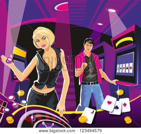 Lucky woman hold casino chips while spinning roulette. Lucky man hold money. Interior casino slot machines chairs light projectors. Design concept for gambling luck and successful play.