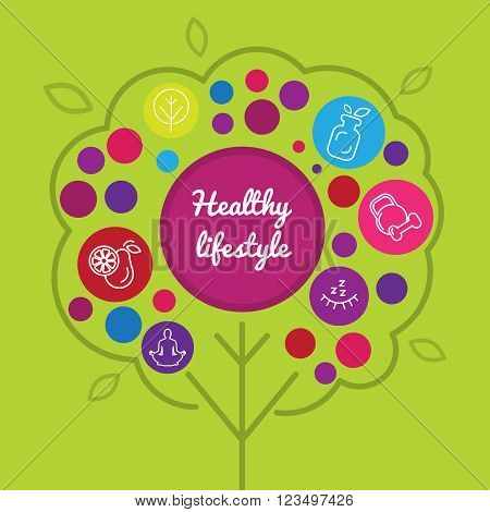 Infographics healthy lifestyle with healthy food icons dumbbell fruits camping