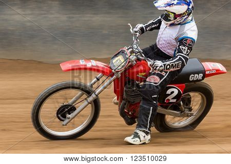 BROADFORD VICTORIA/AUSTRALIA - MARCH 26 2016: Classic Speedway action at The Boradford Bike Bonanza at the Broadford Motorcycle Complex near Melbourne.