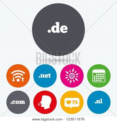 Wifi, like counter and calendar icons. Top-level internet domain icons. De, Com, Net and Nl symbols. Unique national DNS names. Human talk, go to web.