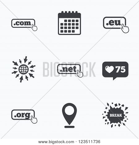 Calendar, like counter and go to web icons. Top-level internet domain icons. Com, Eu, Net and Org symbols with hand pointer. Unique DNS names. Location pointer.