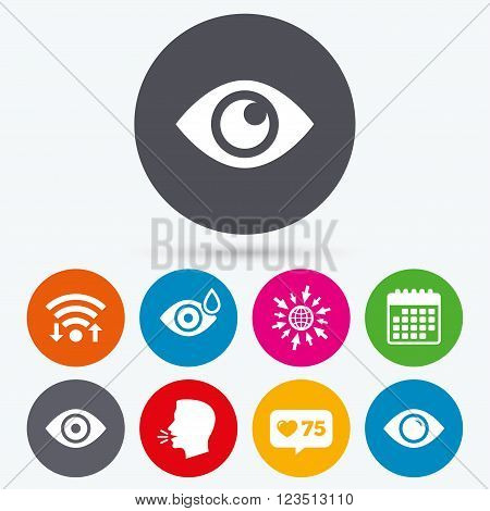 Wifi, like counter and calendar icons. Eye icons. Water drops in the eye symbols. Red eye effect signs. Human talk, go to web.