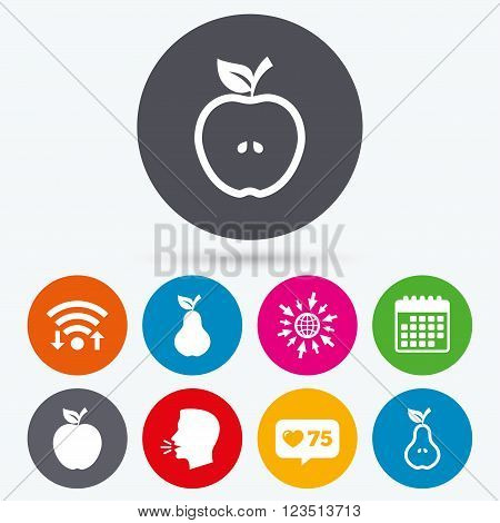 Wifi, like counter and calendar icons. Fruits with leaf icons. Apple and Pear with seeds signs. Natural food symbol. Human talk, go to web.