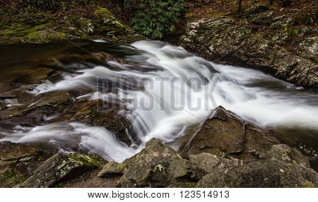 Roadside Waterfall In The Great Smoky Mountains. Easily accessible roadside waterfall in the Great Smoky Mountains National Park. Meigs Falls is located on Little River Road outside of Gatlinburg, Tennessee.