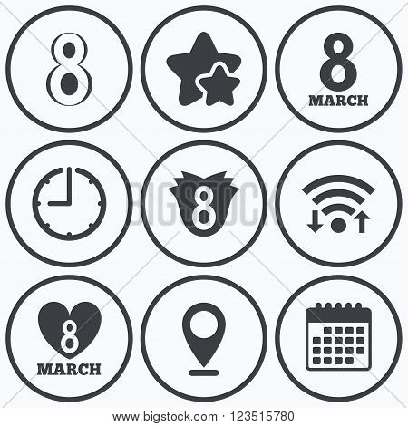 Clock, wifi and stars icons. 8 March Women's Day icons. Tulip or rose flower and heart sign symbols. Calendar symbol.