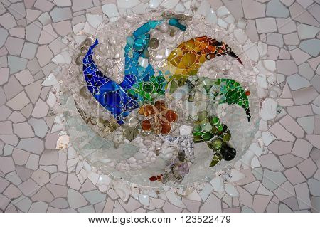 mosaic, small tiles, spiral pattern, white and bright colors