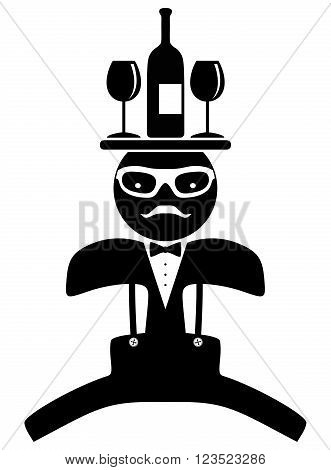 Hipster man. Bow tie. Waiter. Isolated on white background