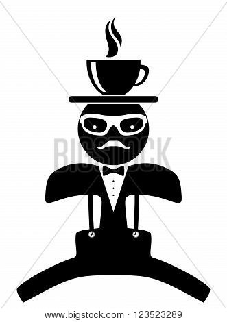 Hipster waiter. Tea cup. Coffee. Isolated on white
