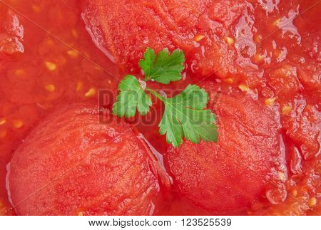 Close-up of tomatoes in own juice with parsley leaf, top view. Food background