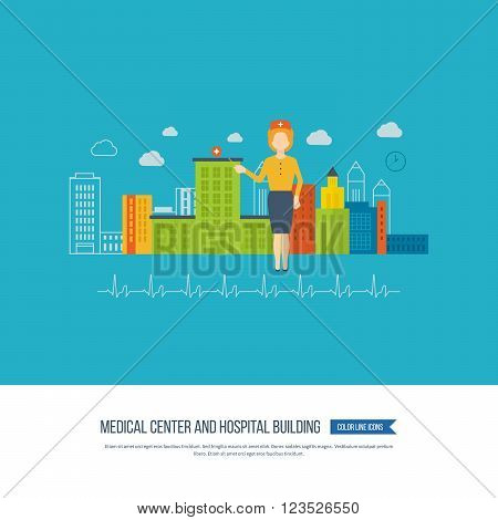 Vector illustration concept for healthcare, medical help and research. Medical first aid. Healthcare worker. Hospital building and medical builfing