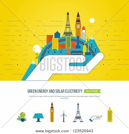 Green eco city and eco-friendly city concept. Solar electricity. Modern energy safety. Smart city.