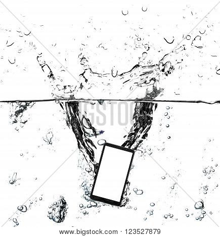 Black touch screen smartphone and empty screen isolated on white background.  In water with splash and bubbles. Bubbles not affected to screen. White is clipping. Water splash and bubbles - natural.
